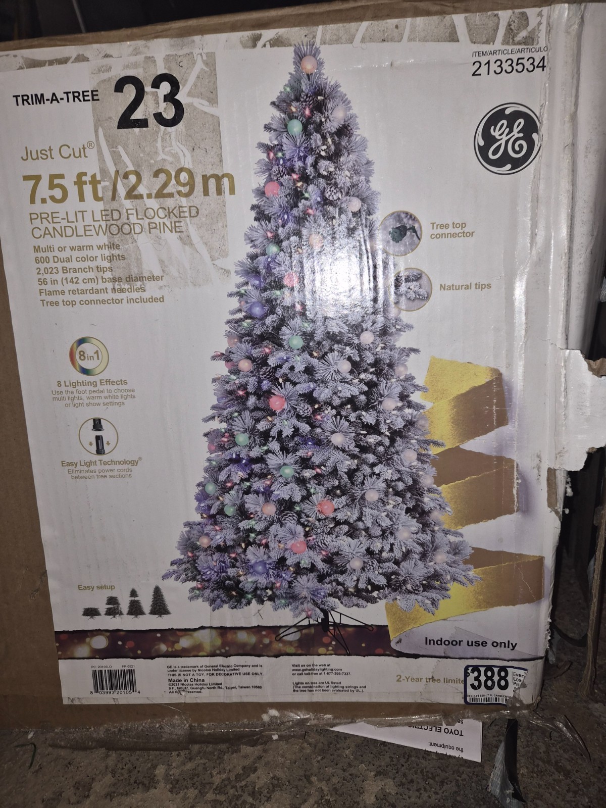 🎄 Title GE 7.5ft Pre-Lit Snowy Christmas Tree – Dual Color Lights & 8 Effects