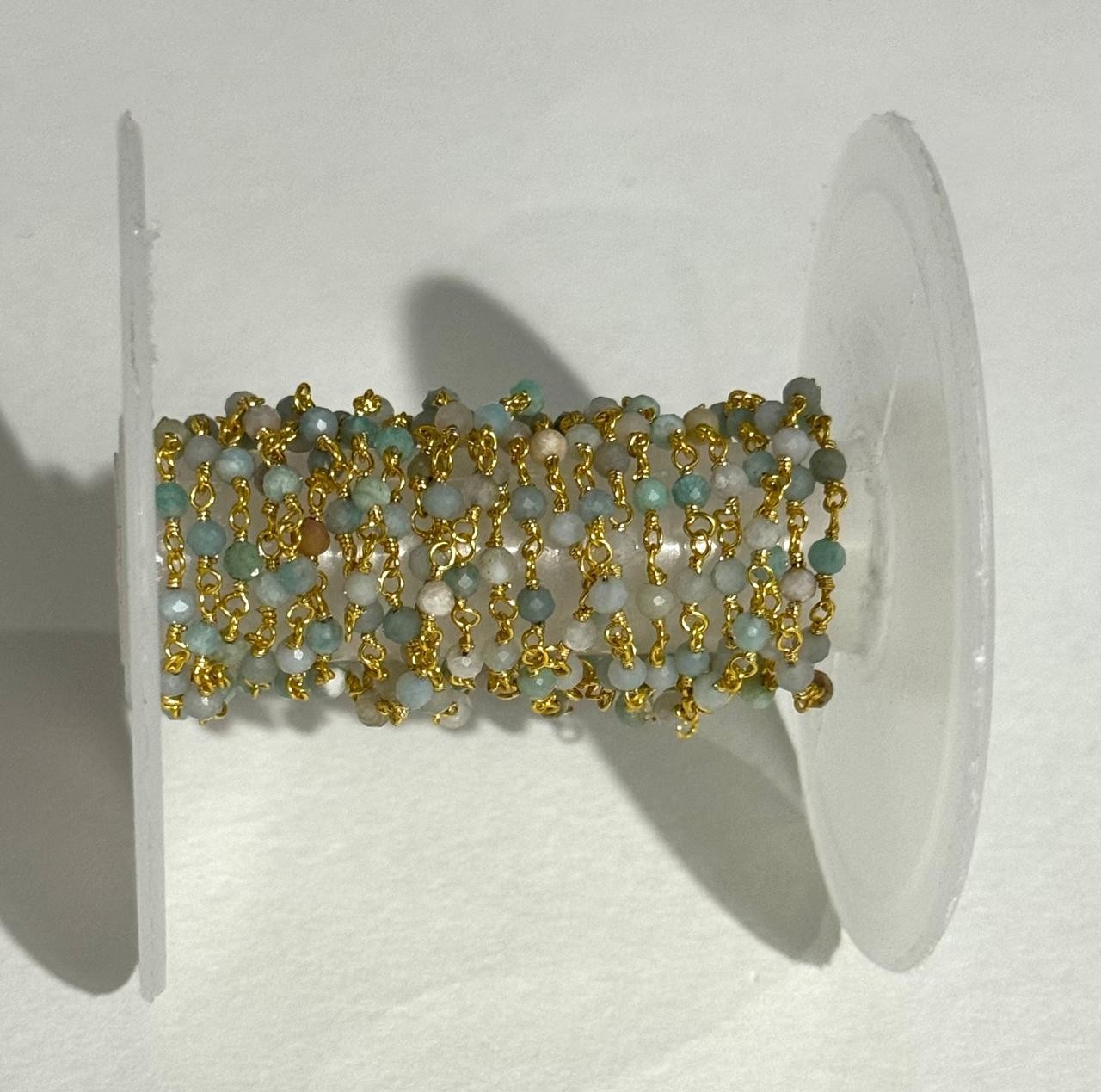 10 feet 3mm Natural Amazonite Beaded Chain Gold Plated Wire Wrapped Rosary