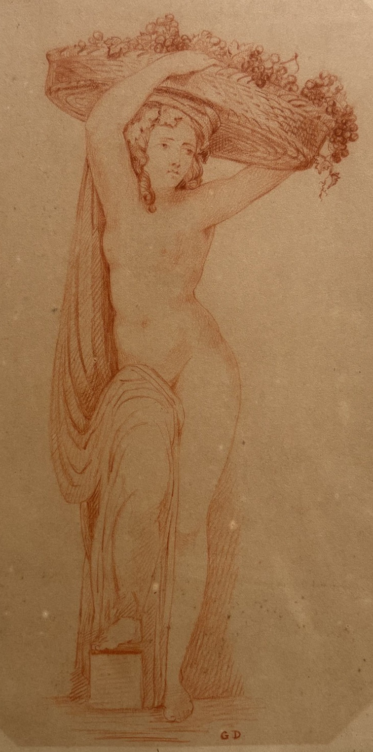 Nude woman basket grapes ORIGINAL DRAWING blood CURIOSA erotic 19th century