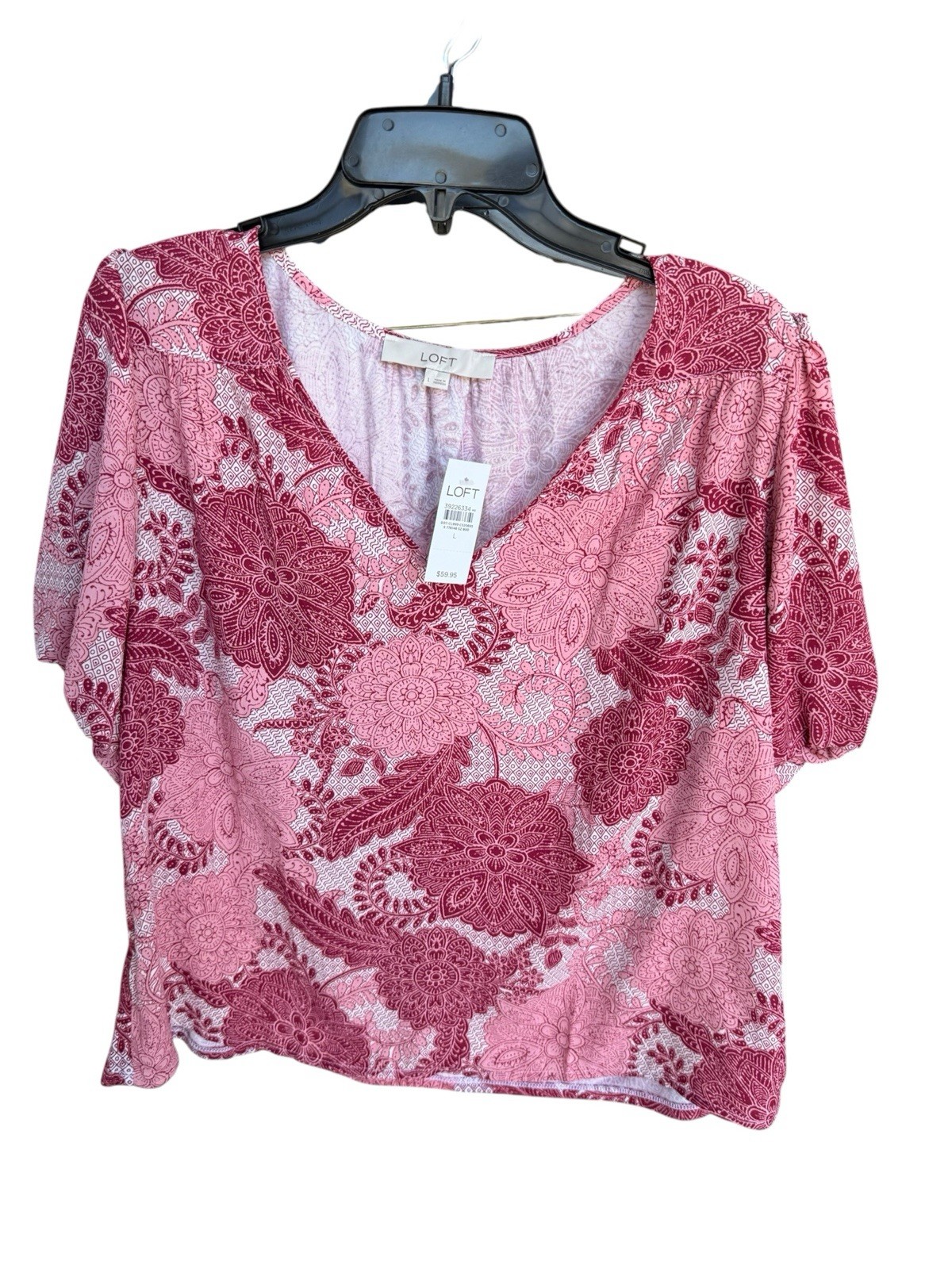 NEW Loft Floral Bubble Sleeve Mixed Media Blouse Women\'s Sz Large V-Neck