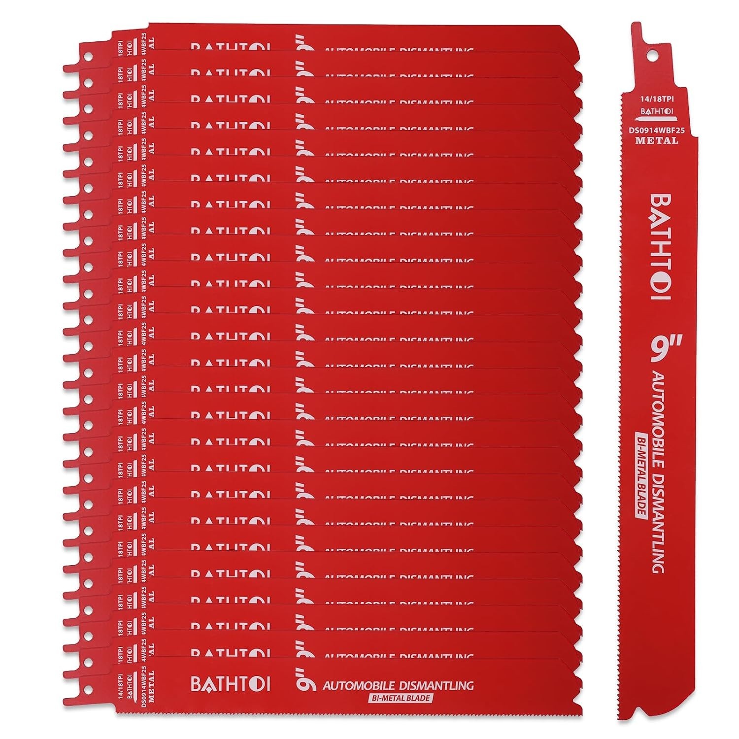 25 Pack 9 in 14/18 TPI Bi-Metal Reciprocating Saw Blades with 9in 25Pack, red