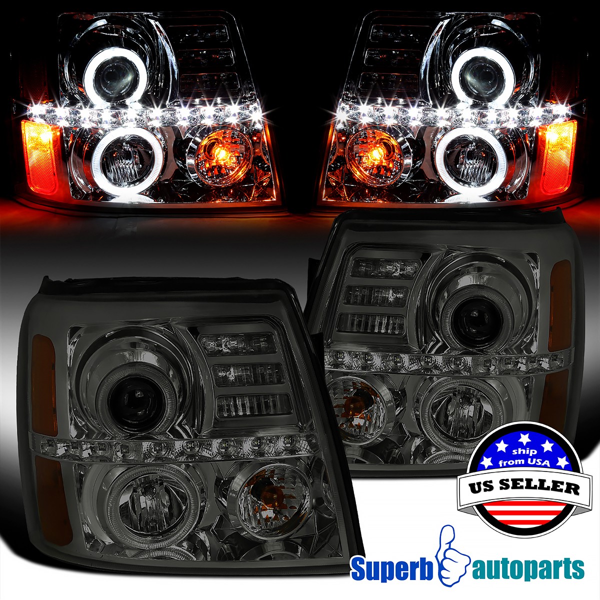 Fits 2002-2006 Cadillac Escalade Halo Smoke Projector Headlights LED Strip 02-06