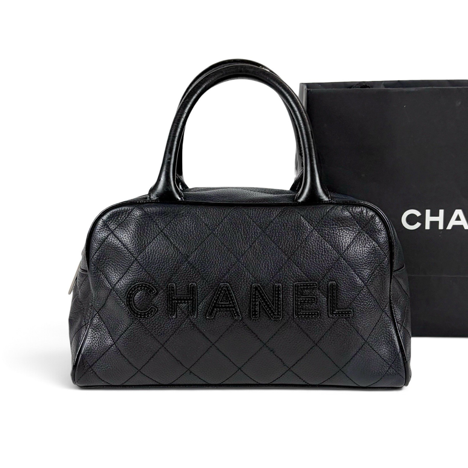 Chanel Black Mini Boston Bowling Bag Quilted Caviar Skin Used Japan Authentic