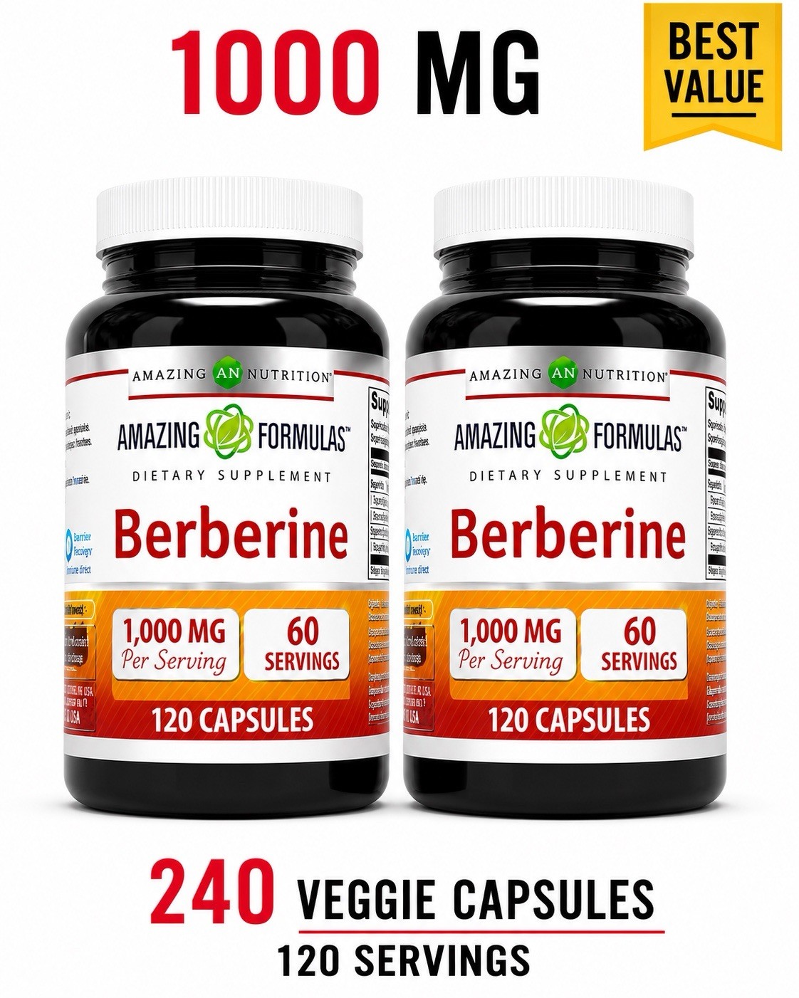 Amazing Formulas Berberine 1000mg 240 Capsules Total(2 Pack )Herbal Supplement