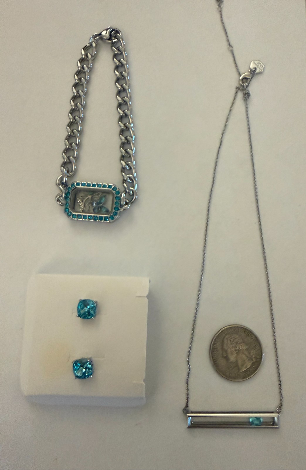 Origami Owl Blue Topaz crystal earrings, bracelet w/butterfly's and Necklace
