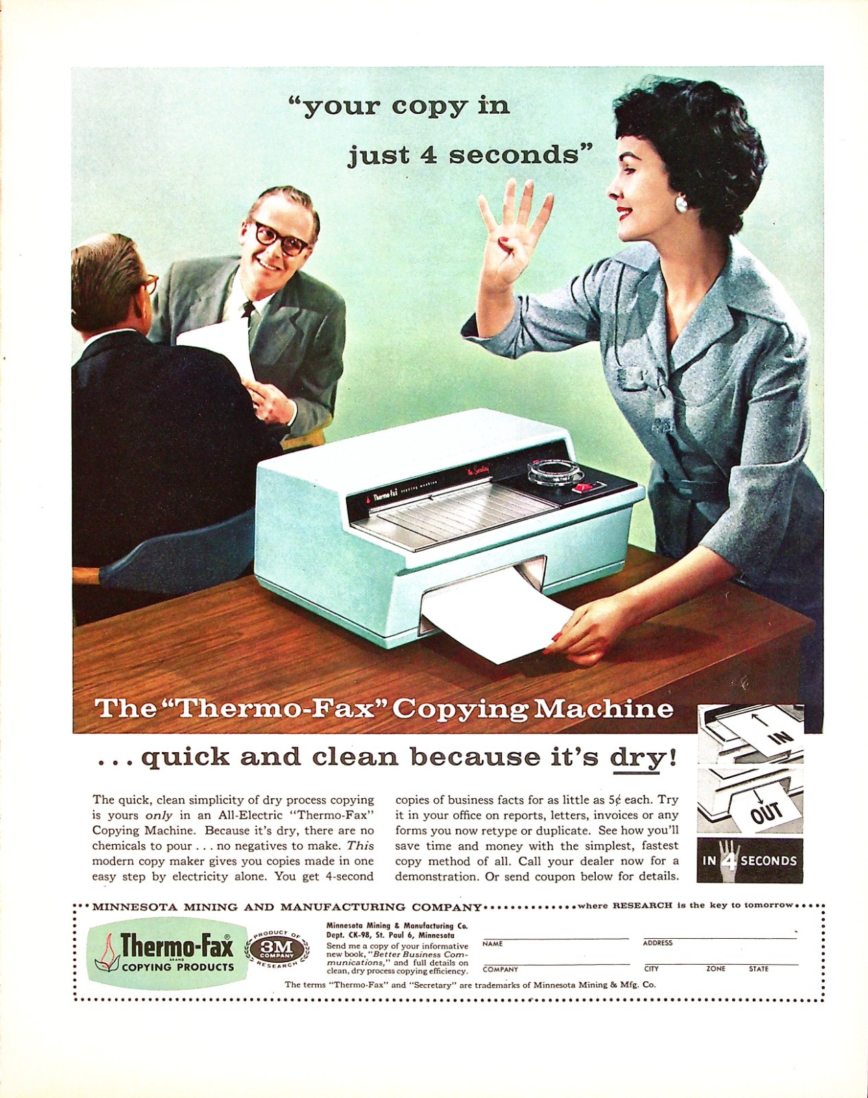 3M Thermo-Fax Copying Machine 4 Second Office Copier Vtg 1958 Magazine Print Ad