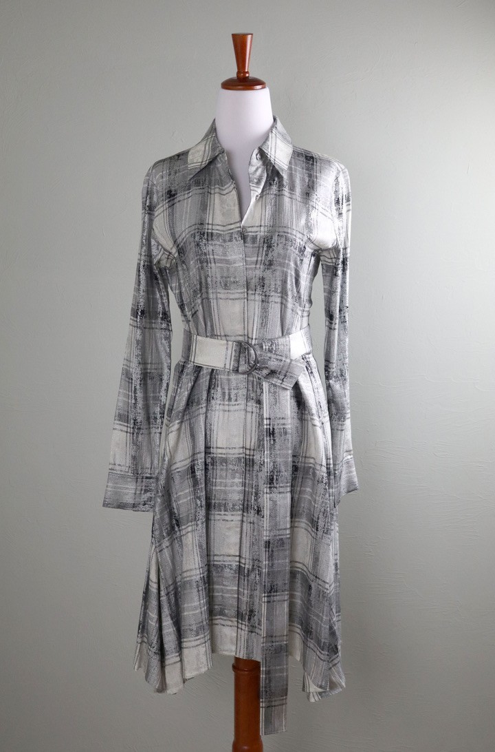 WORTH New York NWT Wool Silver Metallic Plaid Belted Shirt Dress Size 0