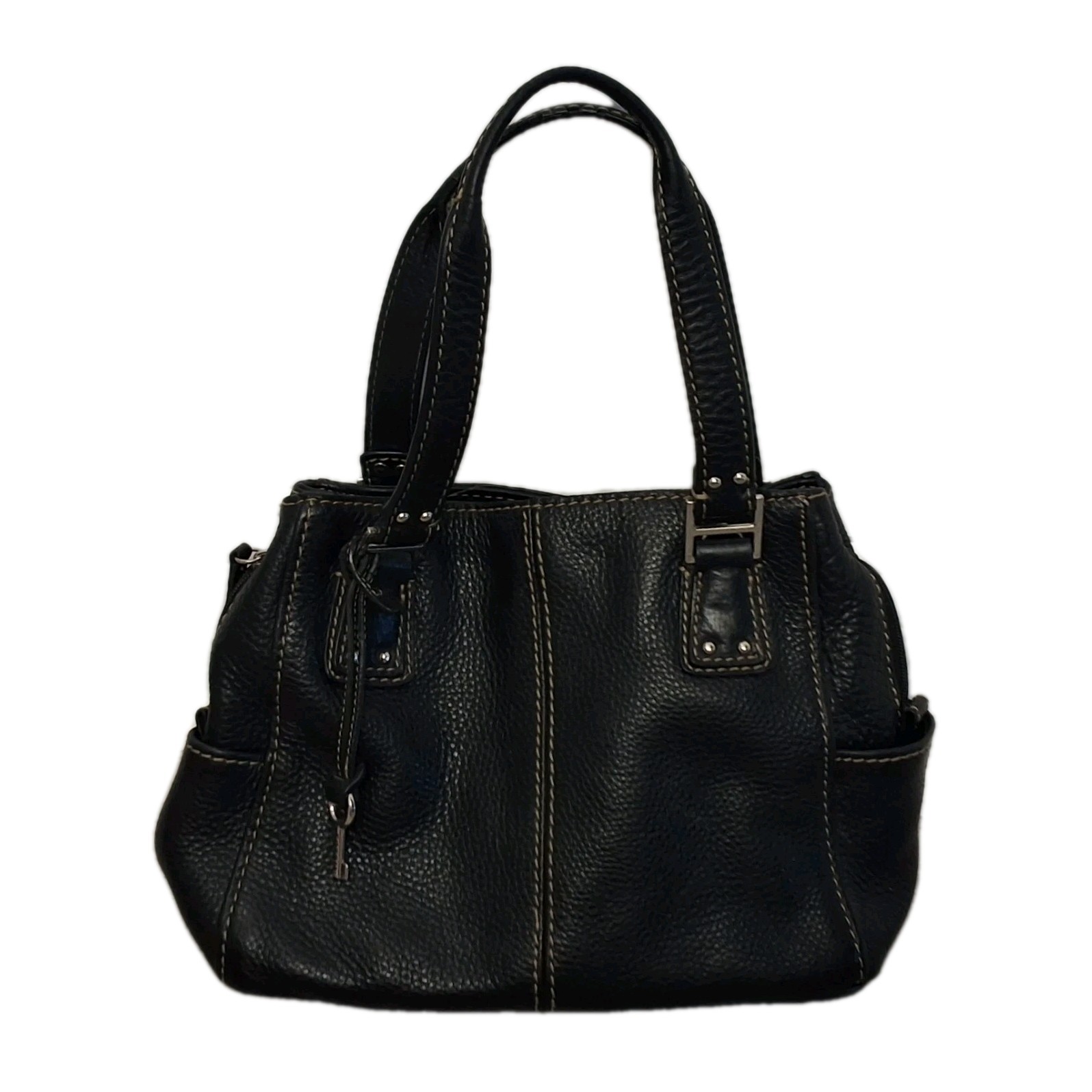 FOSSIL Black Pebbled Leather Handbag #75082 Key Charm Vtg Classic Preppy Capsule FOSSIL Black Pebbled Leather Handbag #75082 Key Charm Vtg Classic Preppy Capsule