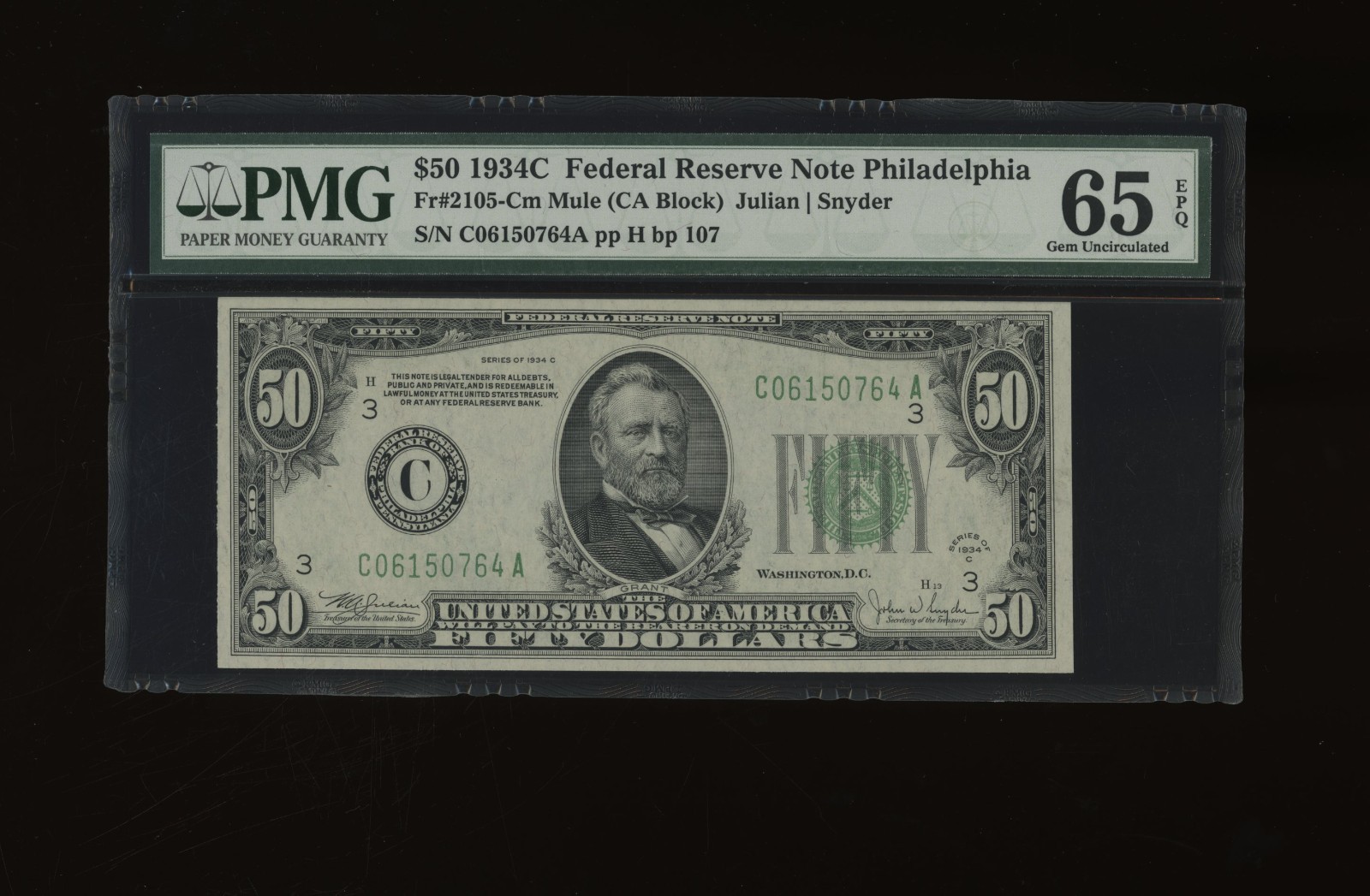 DBR 1934-C $50 FRN Philadelphia Mule Gem Fr. 2105-Cm PMG 65 EPQ Ser # C06150764A