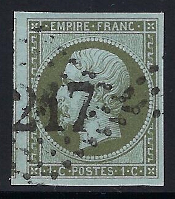 France, 1860, Scott #12, 1c olive green on pale blue, used, 4 margins France, 1860, Scott #12, 1c olive green on pale blue, used, 4 margins