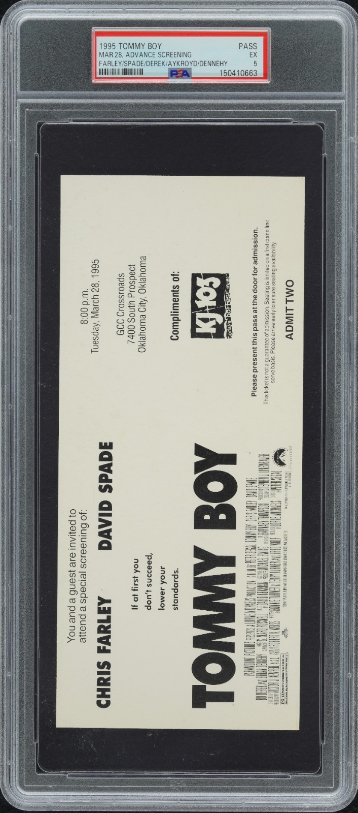 1995 Tommy Boy Advance Screening Movie Ticket PSA 5 POP 1 Chris Farley Spade 1995 Tommy Boy Advance Screening Movie Ticket PSA 5 POP 1 Chris Farley Spade