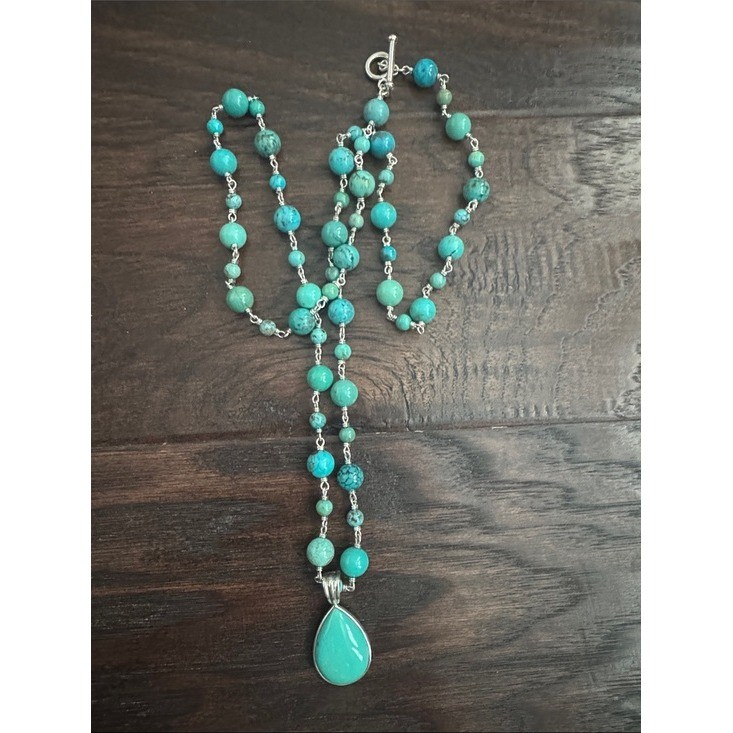Sterling Silver and Turquoise Bead Necklace with Teardrop Pendant Sterling Silver and Turquoise Bead Necklace with Teardrop Pendant
