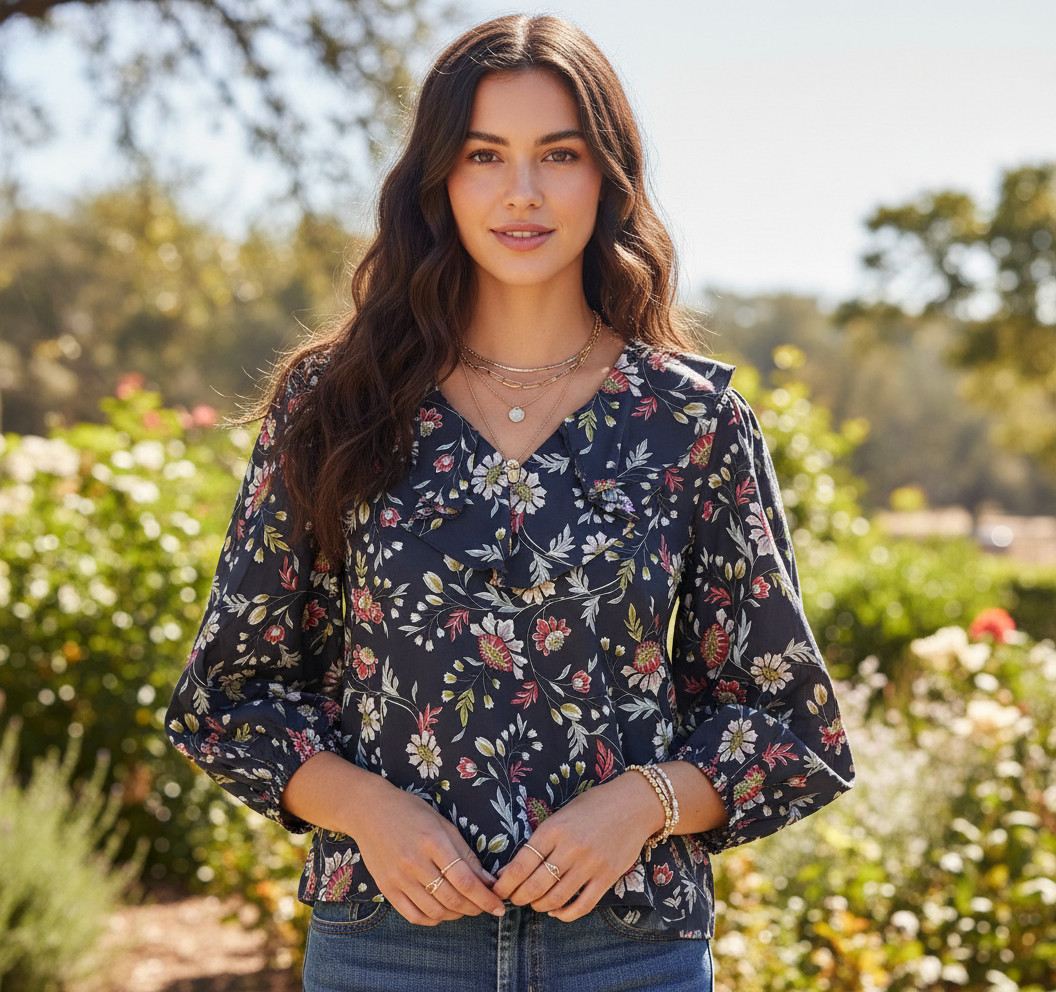 NEW Loft M Women\'s Gray Floral Ruffle V Neck Top Cottage Boho Romantic Chic NEW Loft M Women\'s Gray Floral Ruffle V Neck Top Cottage Boho Romantic Chic