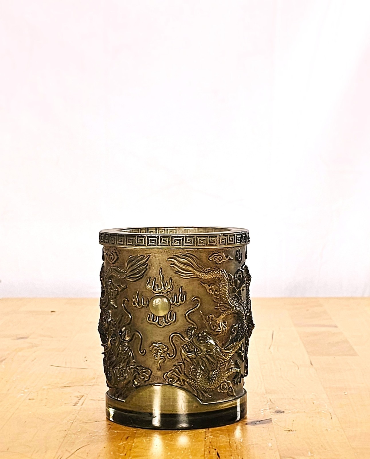 Late 19th/20th c. Peking Glass Boshan Liaoqi Dragon Pearl Brush Pot Antique
