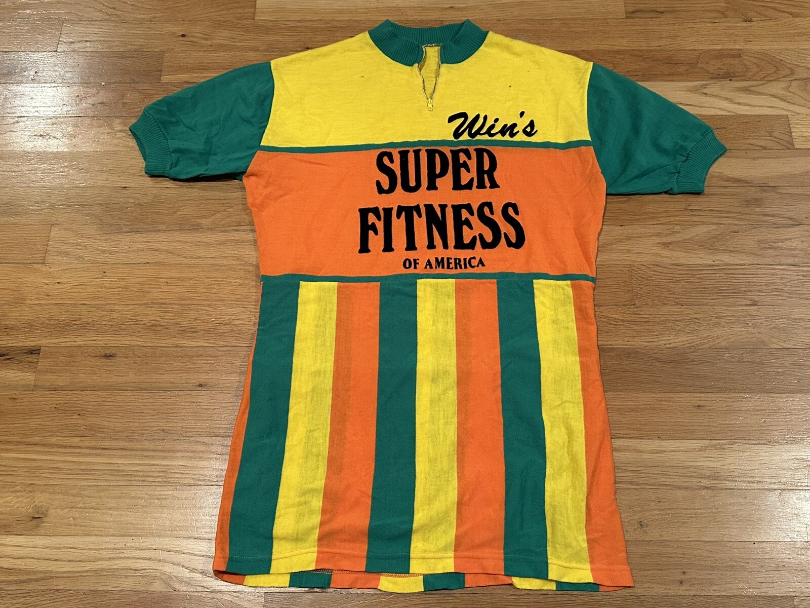 vintage Win\'s SUPER FITNESS of AMERICA cycling jersey green yellow orange stripe vintage Win\'s SUPER FITNESS of AMERICA cycling jersey green yellow orange stripe
