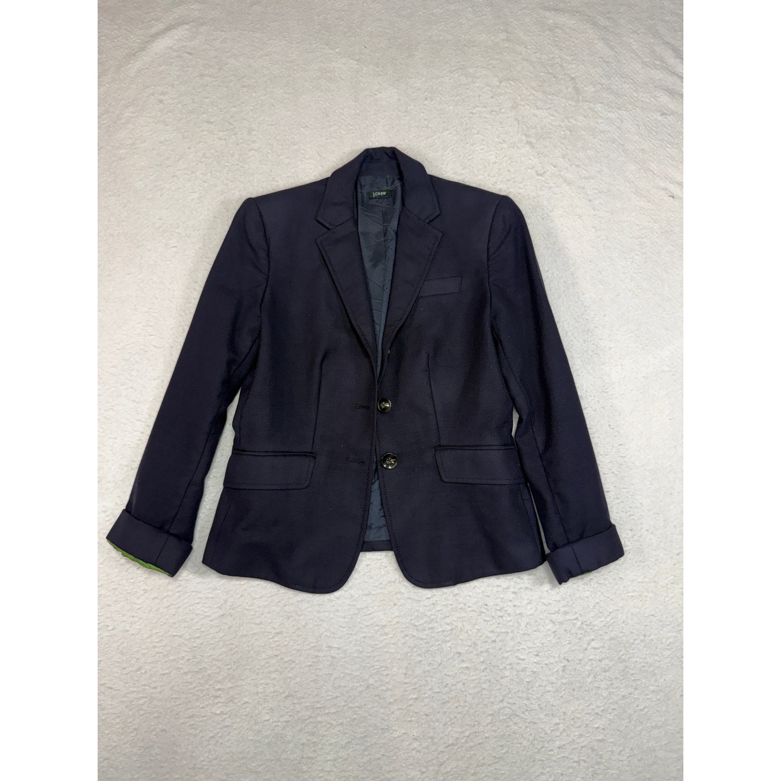 J.Crew Navy Blue Wool Blend Two Button Blazer Jacket with Green Cuff Detail