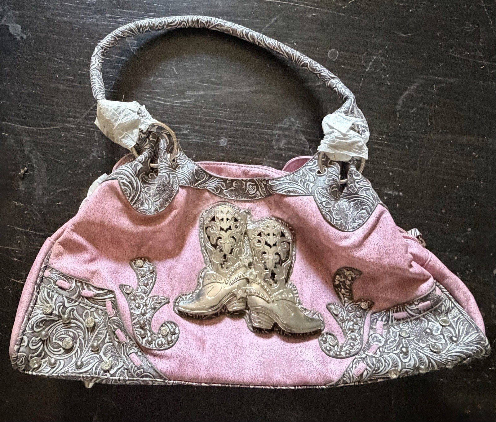 Pink Western Handbag Silver Double Boots Faux Leather Lots of Storage And Detail Pink Western Handbag Silver Double Boots Faux Leather Lots of Storage And Detail