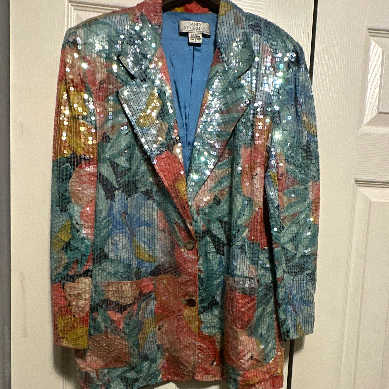 Sandy Starkman Multicolor Sequin Lined Button Front Long Blazer Jacket M