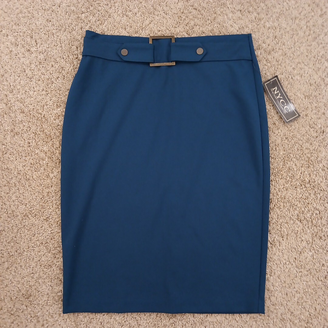 NYCC Skirt Small Blue Knee Length Pencil Pull On Slit Buckle Accent New