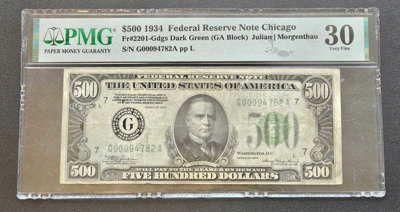 1934 $500 High Denomination Note PMG 30 Dark Green Seal McKinley Fr 2201-Gdgs