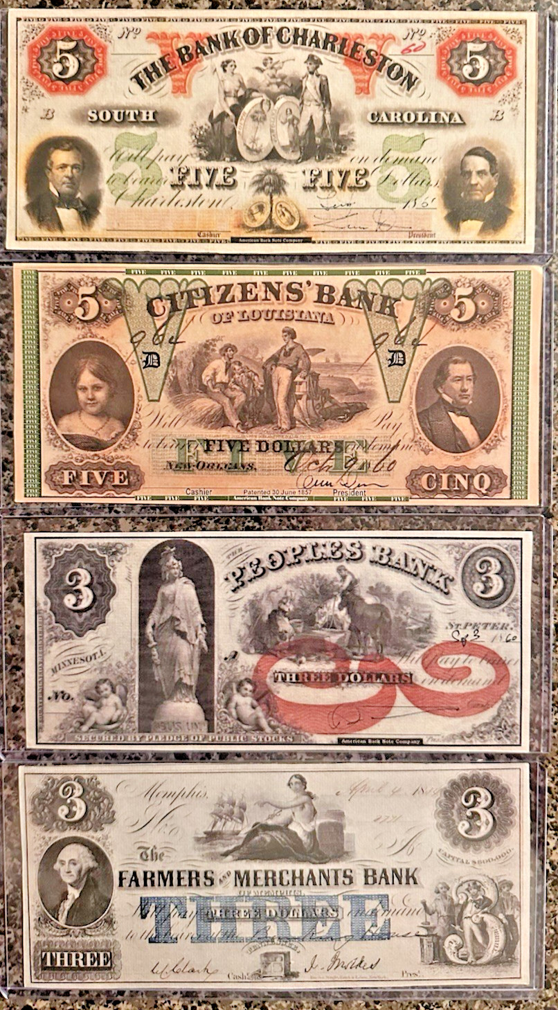Lot of 4 Confederate States of America Bills $5, $5, $3 & $3