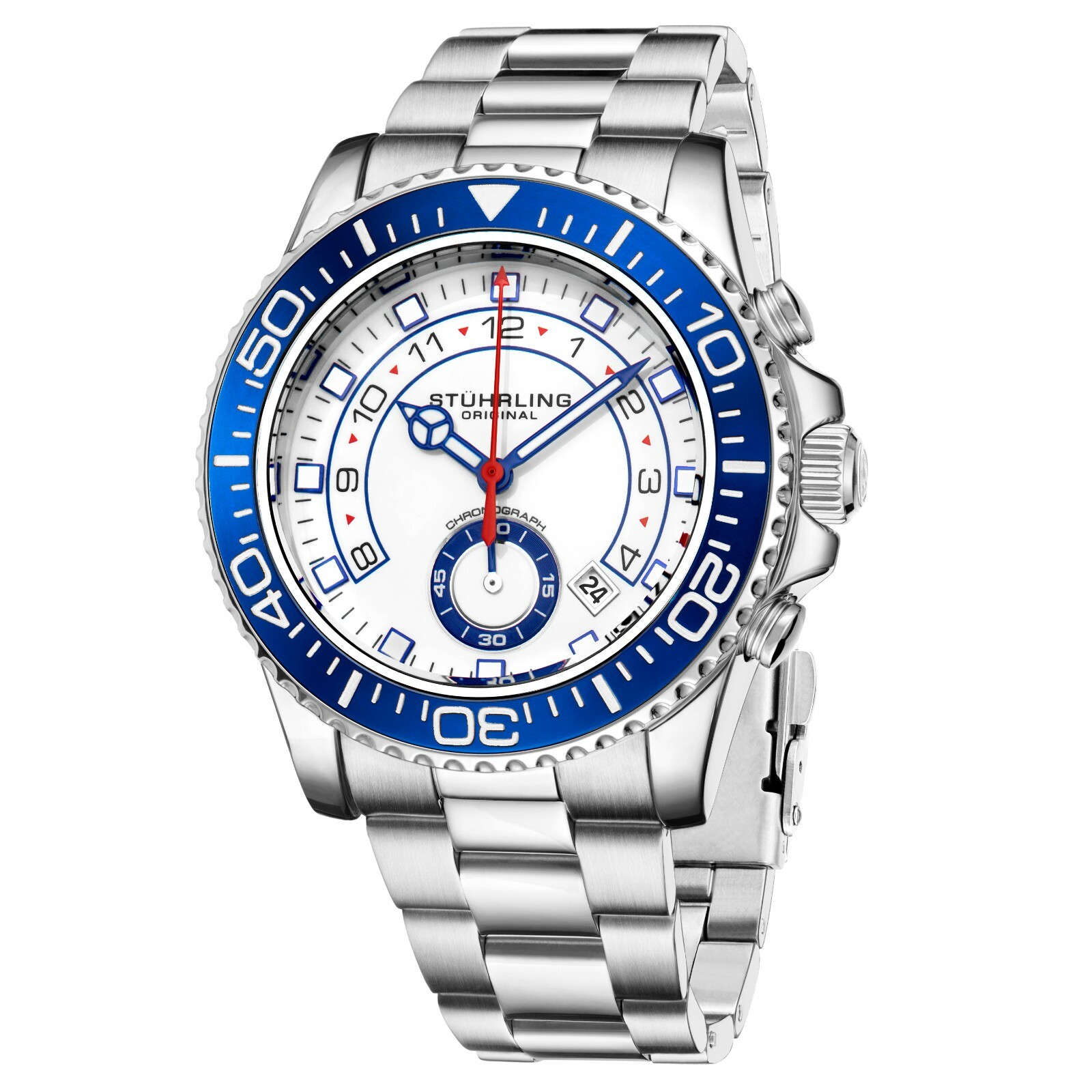 Stuhrling Men's Chronograph Diver White Dial Blue Bezel Silver Bracelet Watch Stuhrling Men's Chronograph Diver White Dial Blue Bezel Silver Bracelet Watch