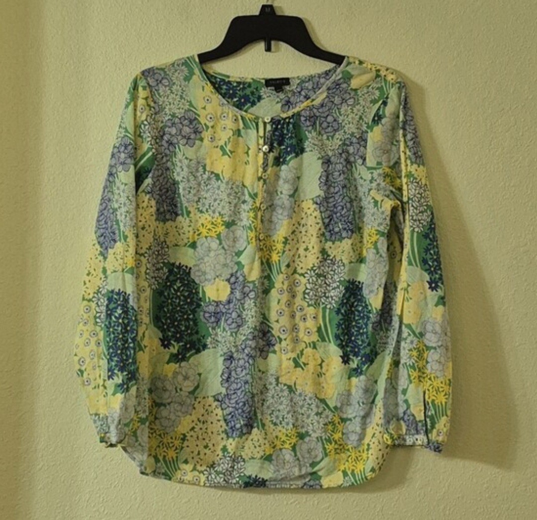 Talbots Floral Button-Front Blouse in Yellow, Green & Blue