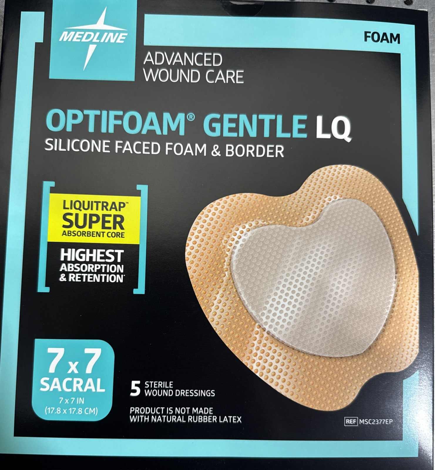 Medline Optifoam Gentle LQ Foam Sacral Dressing 7 x 7 in 5/Bx MSC2377EP Exp 2025