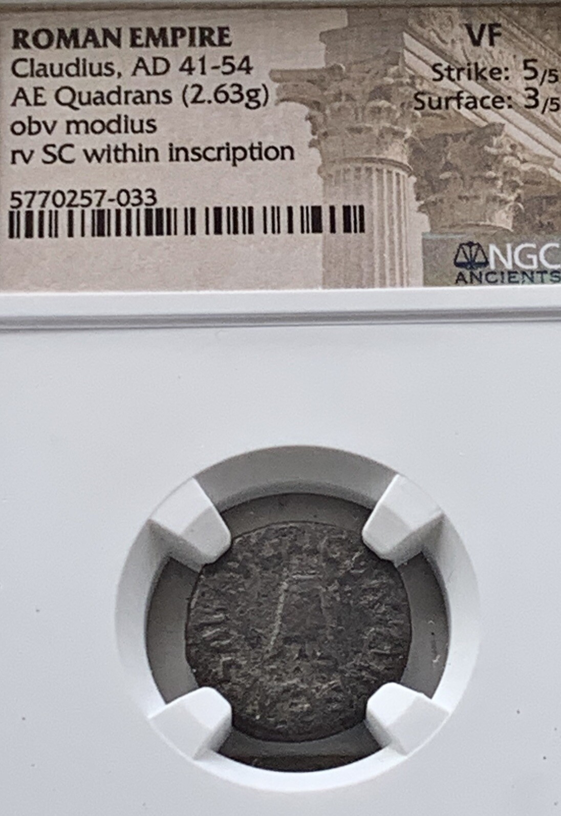 Claudius AE Quadrans NGC VF AD 41-54 Modius
