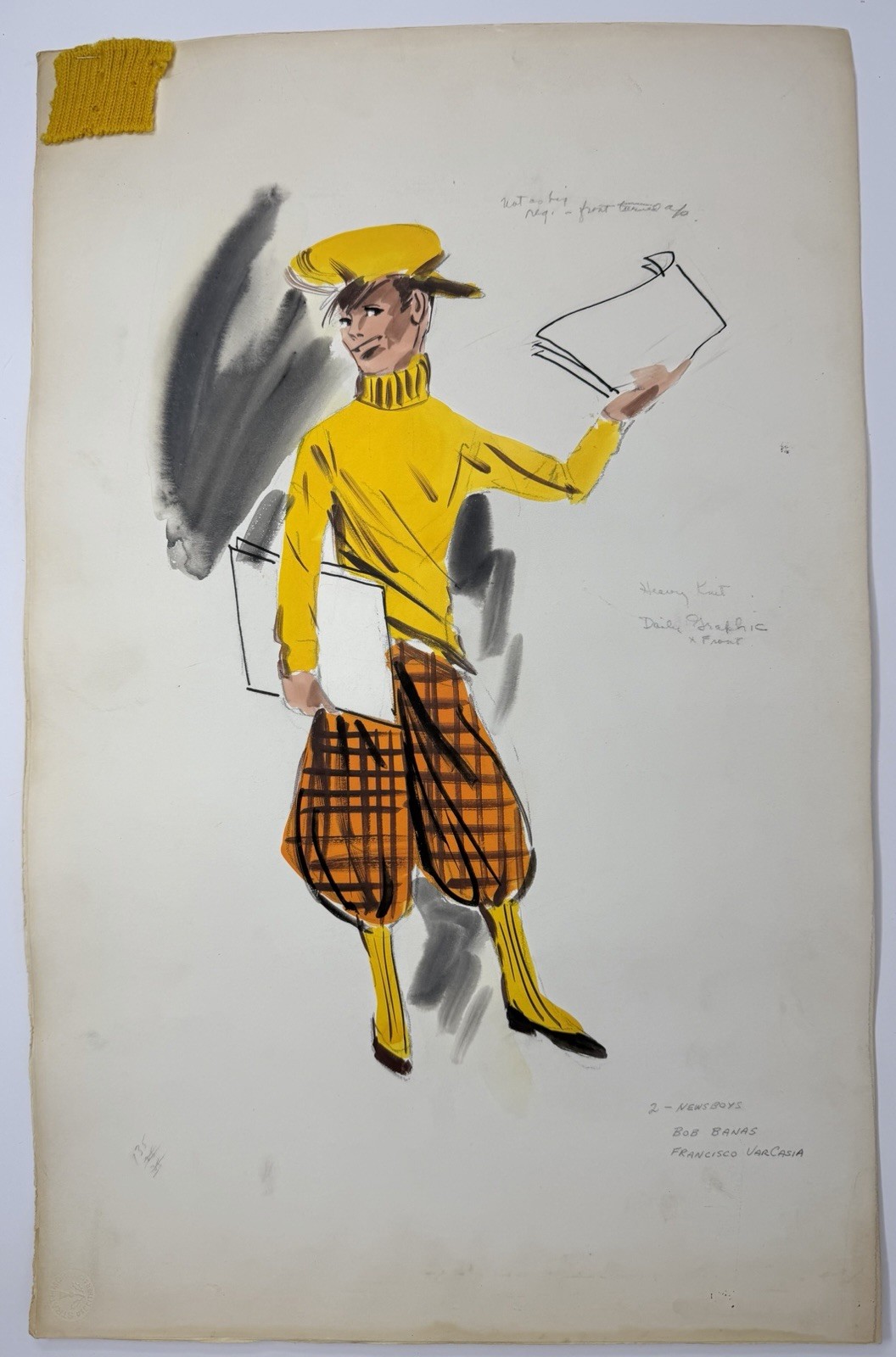 Bobby Banas Original Hollywood Costume Design Sketch Newsboy 1950s 60s