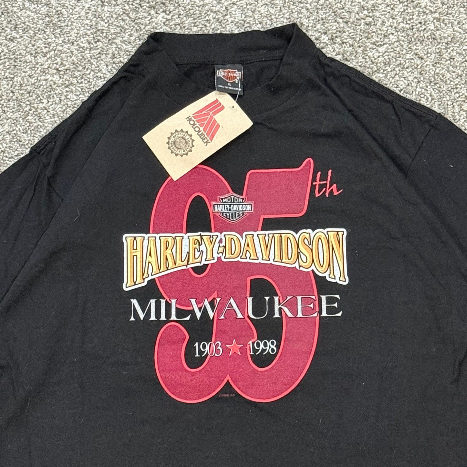 Vintage 1998 Harley Davidson 95th Anniversary T-Shirt Mens XL Black Holoubek NWT