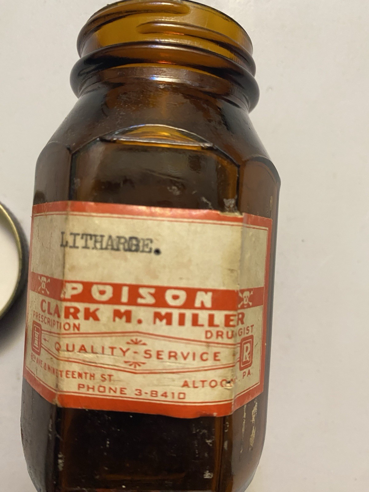 Very Rare Antique POISON Litharge Empty Medicine Bottle W Original Label.