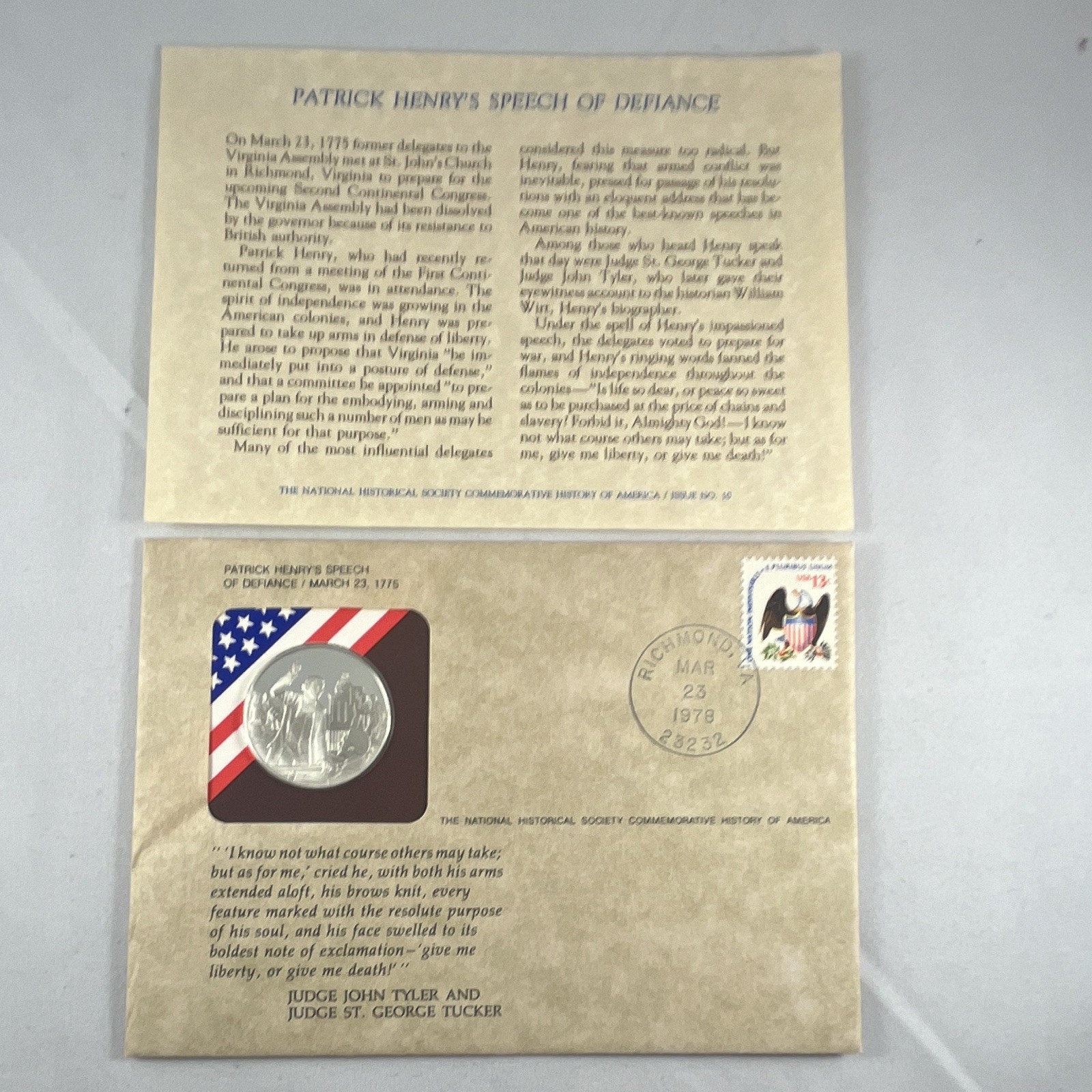Franklin Mint Patrick Henry's Speech of Defiance Cachet Cover w/ Coin.