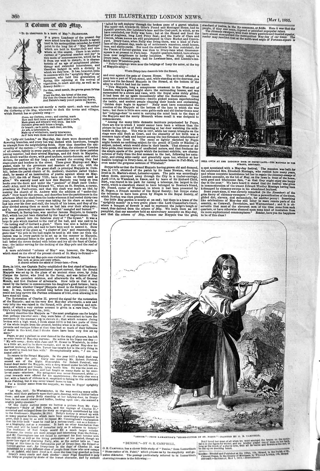 Original Old Antique Print 1852 Nell Gwyn Drury-Lane Maypole Denise La Victorian