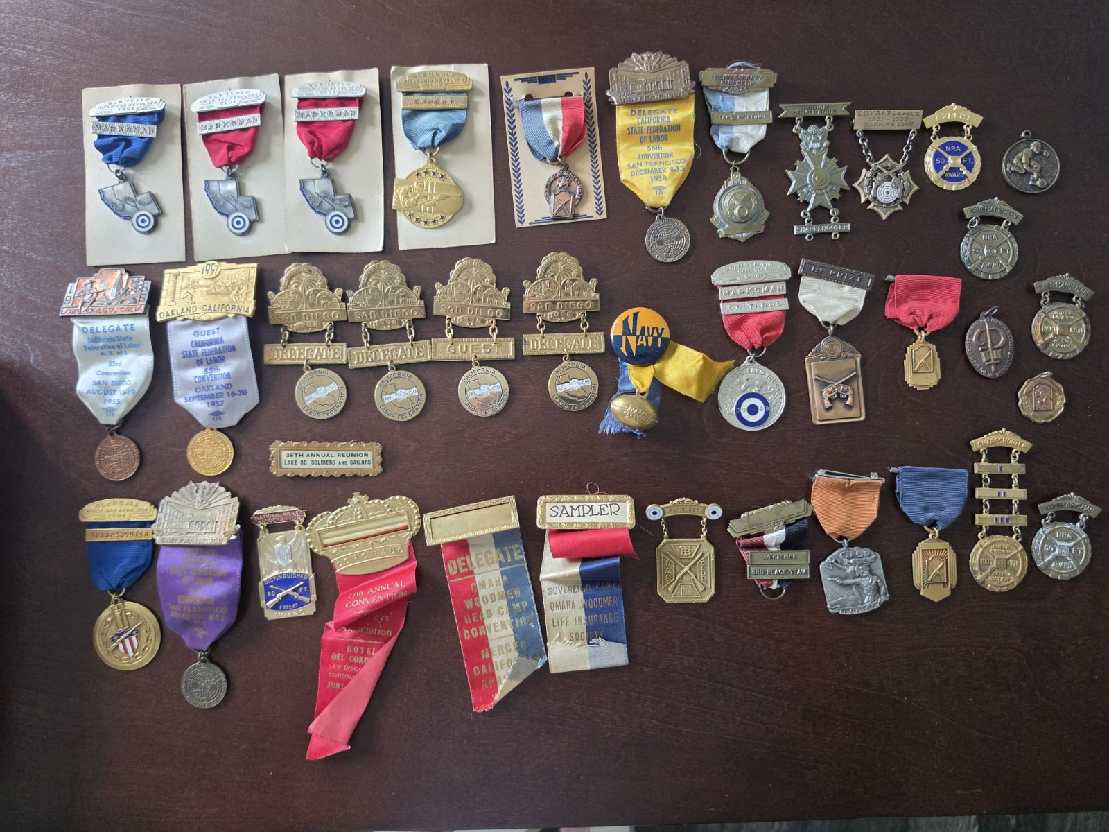 Vintage 1940s 1950s Delegate Ribbon Badge Lot CA Labor Union Fraternal Shooting.