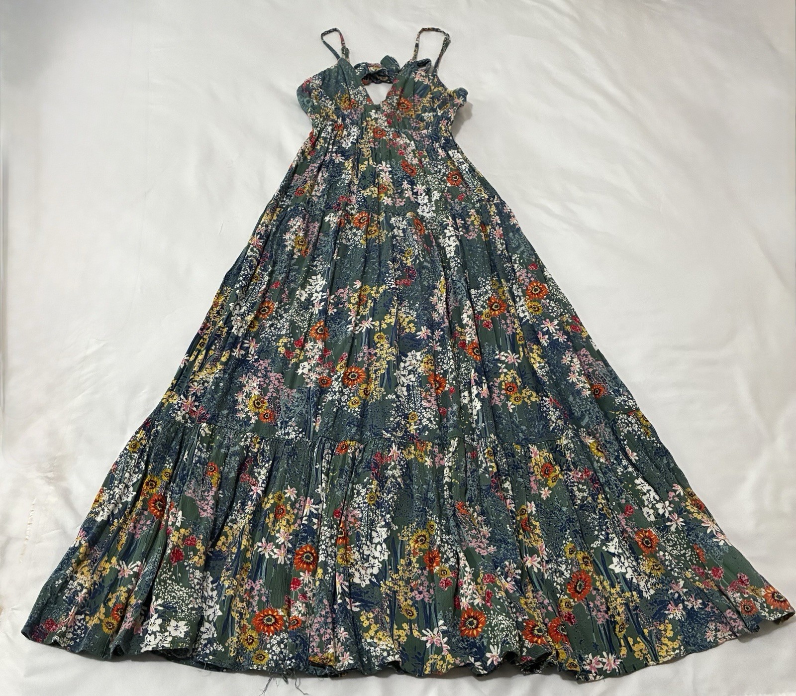 Angie Floral Maxi Dress Womens Size M Multicolor Boho Tiered Sundress Sleeveless