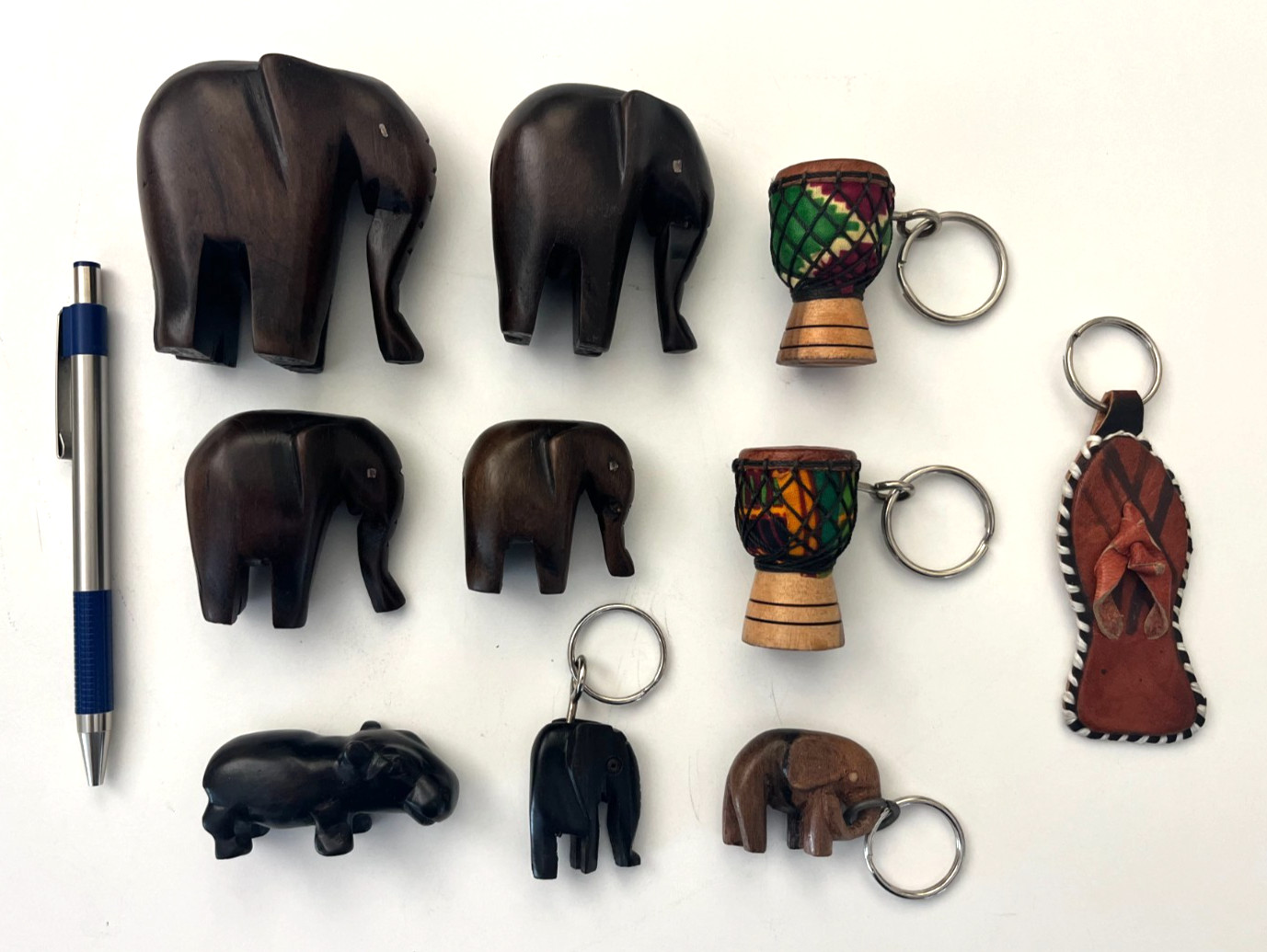 African Hand Carved Wood Elephant Figures Togo + Drum Keychains Folk Art Lot