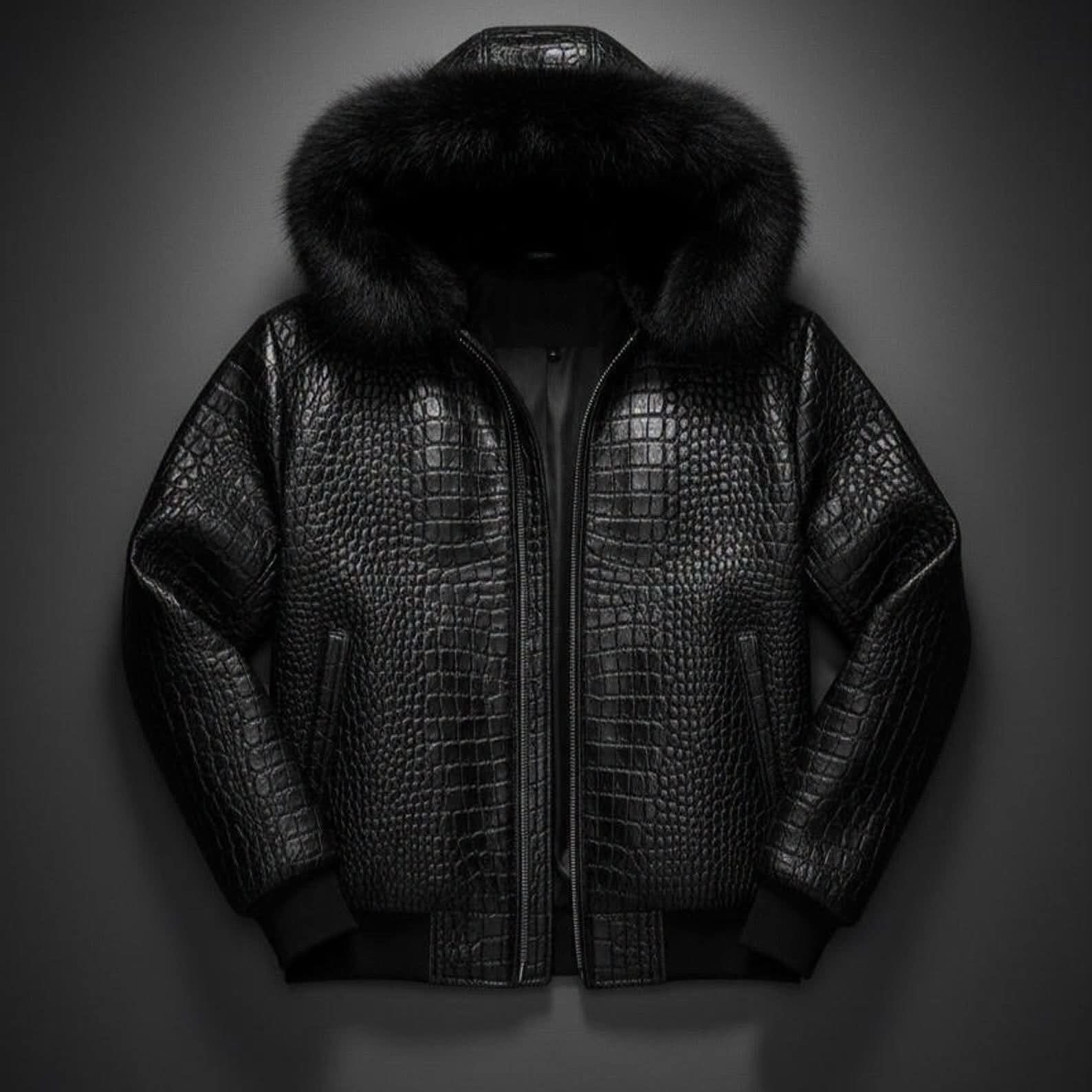 Men’s Black Crocodile Print Leather Jacket With Beautiful Head Cap