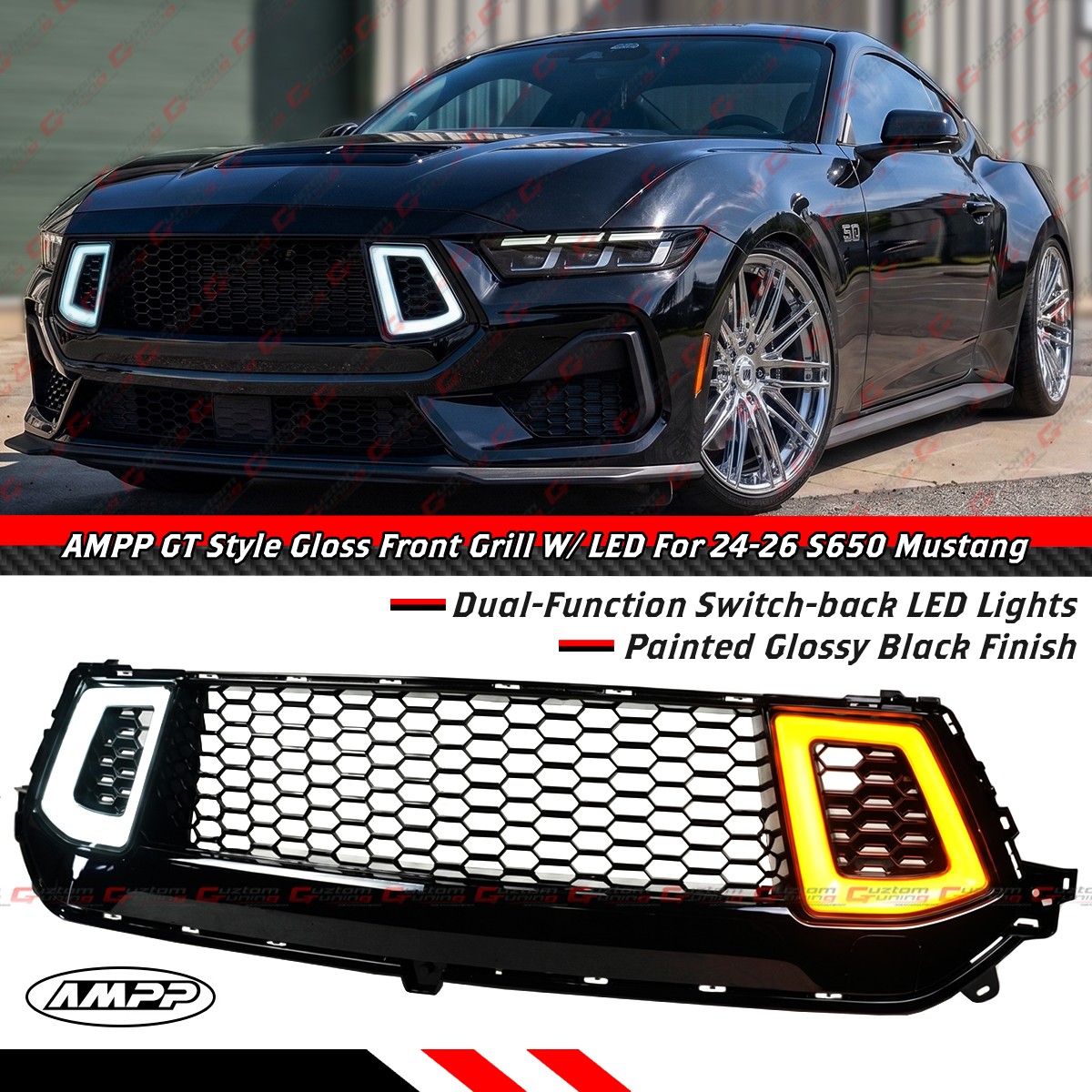 For 2024-26 Ford Mustang GT Ecoboost S650 Gloss Black LED DRL Mesh Front Grille