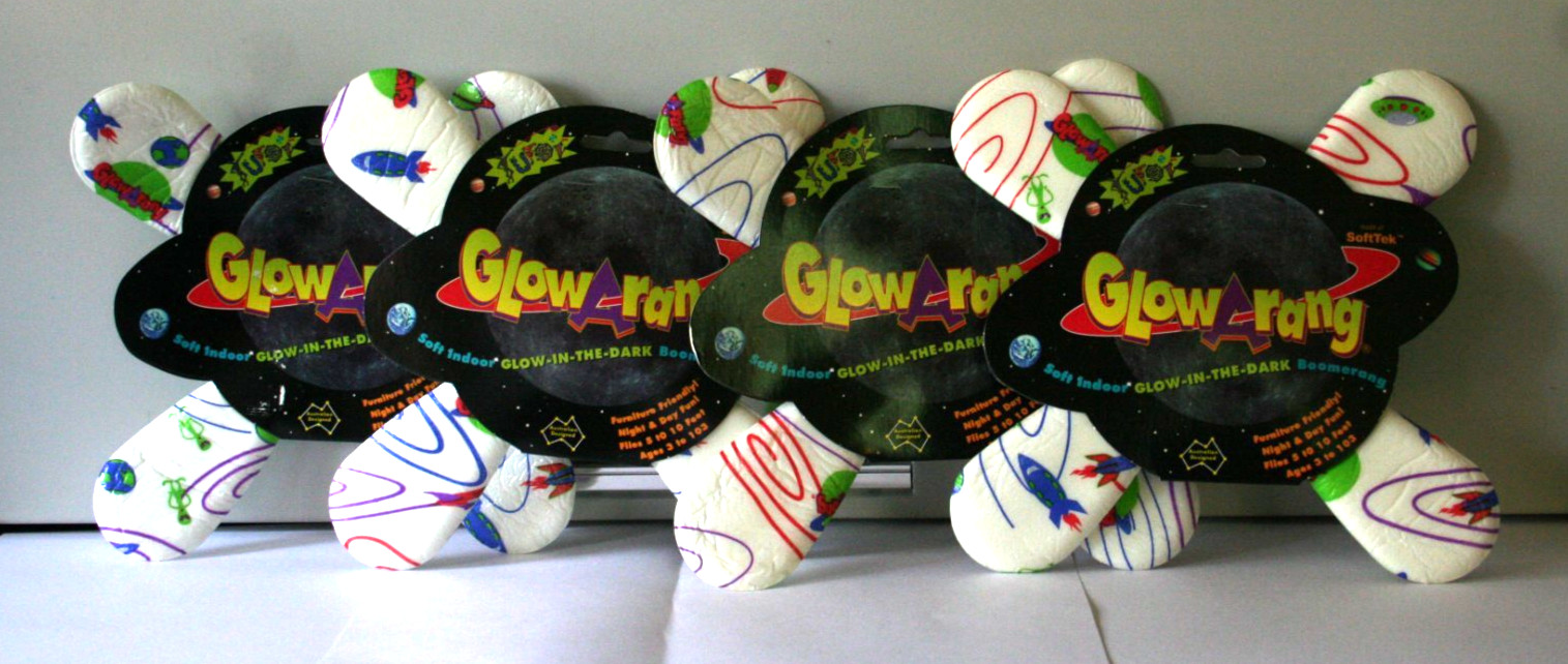 FOUR Glowarang Glow In The Dark Softek UFO foam boomerangs VINTAGE 1996 USA FOUR Glowarang Glow In The Dark Softek UFO foam boomerangs VINTAGE 1996 USA