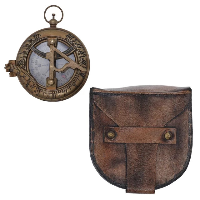 Antique Finish Brass Compass Engraved Working Pocket Compass w/ Leather Case Antique Finish Brass Compass Engraved Working Pocket Compass w/ Leather Case