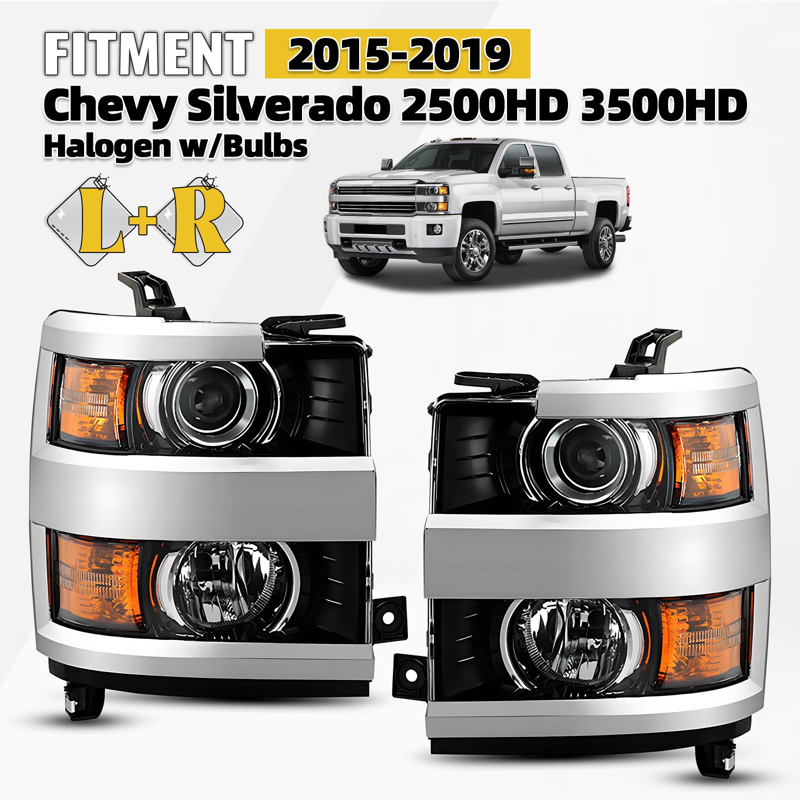 Chrome Halogen Headlight For 2015-2019 Chevy Silverado 2500HD 3500HD Pair W/Bulb Chrome Halogen Headlight For 2015-2019 Chevy Silverado 2500HD 3500HD Pair W/Bulb