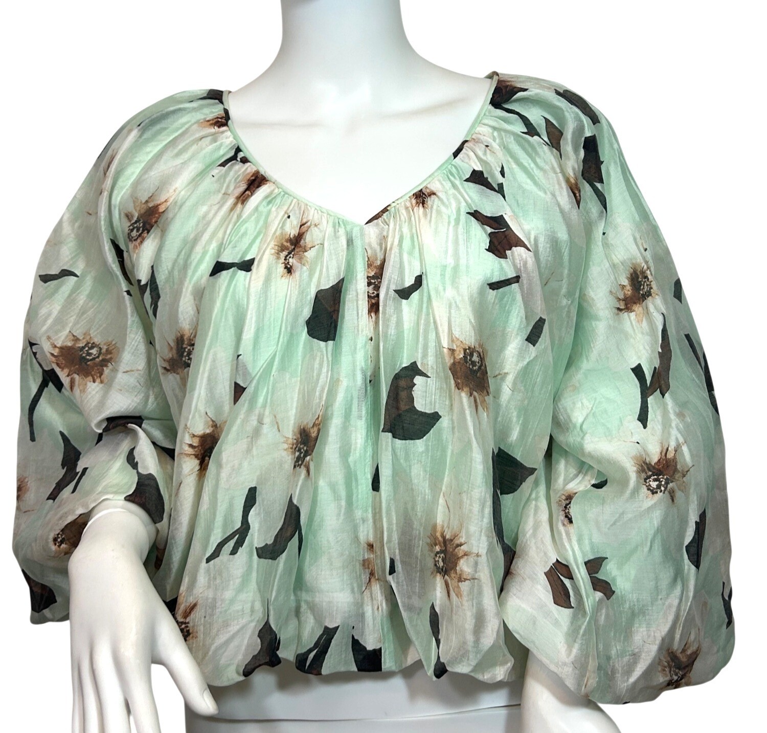 INC International Concepts Bubble Blouse M Mint Floral V-Neck 3/4 Sleeve NWT 