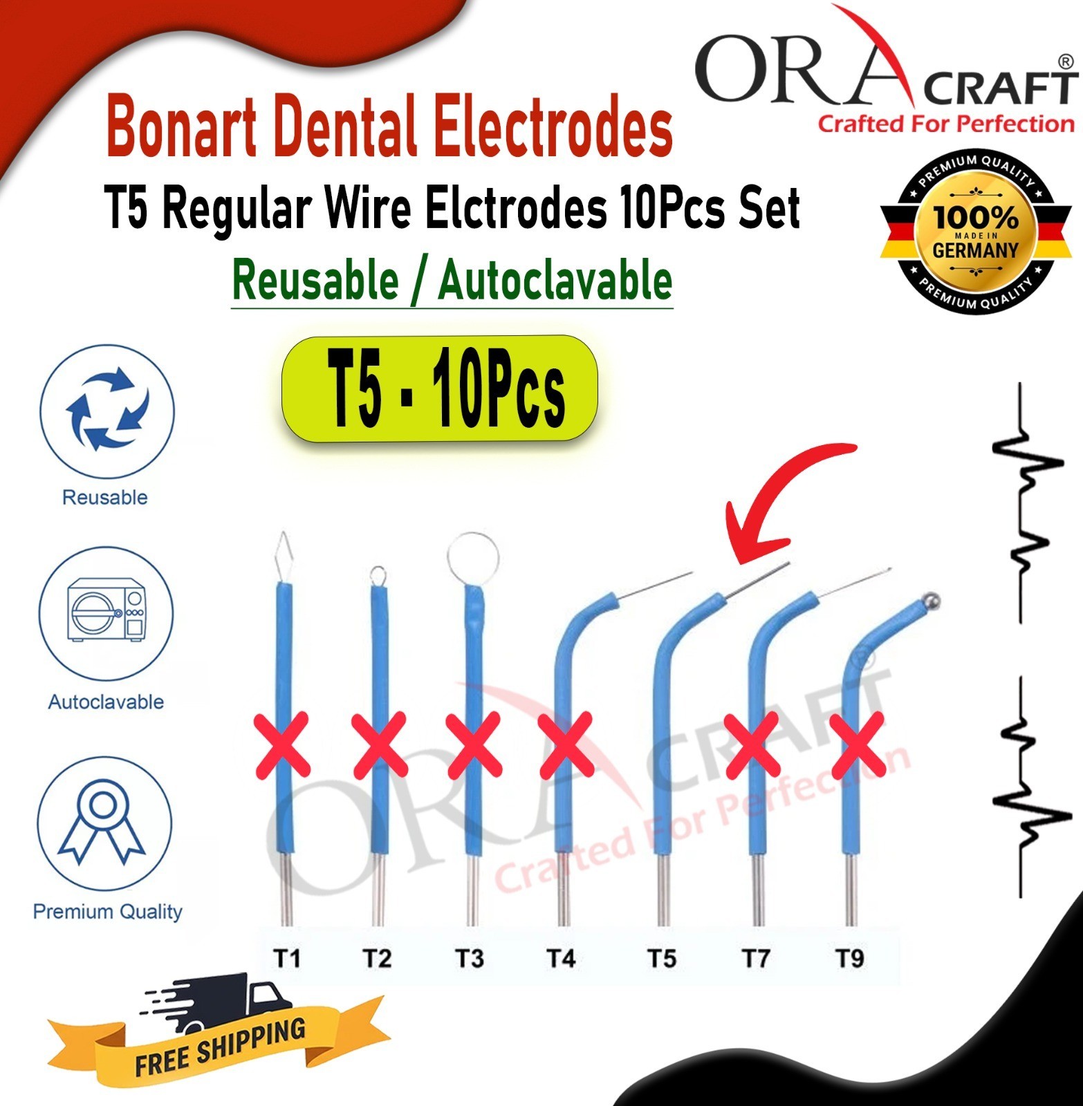 Bonart Dental Electrodes T5 Regular Wire Elctrodes 10Pcs Set Reusable /Autoclava