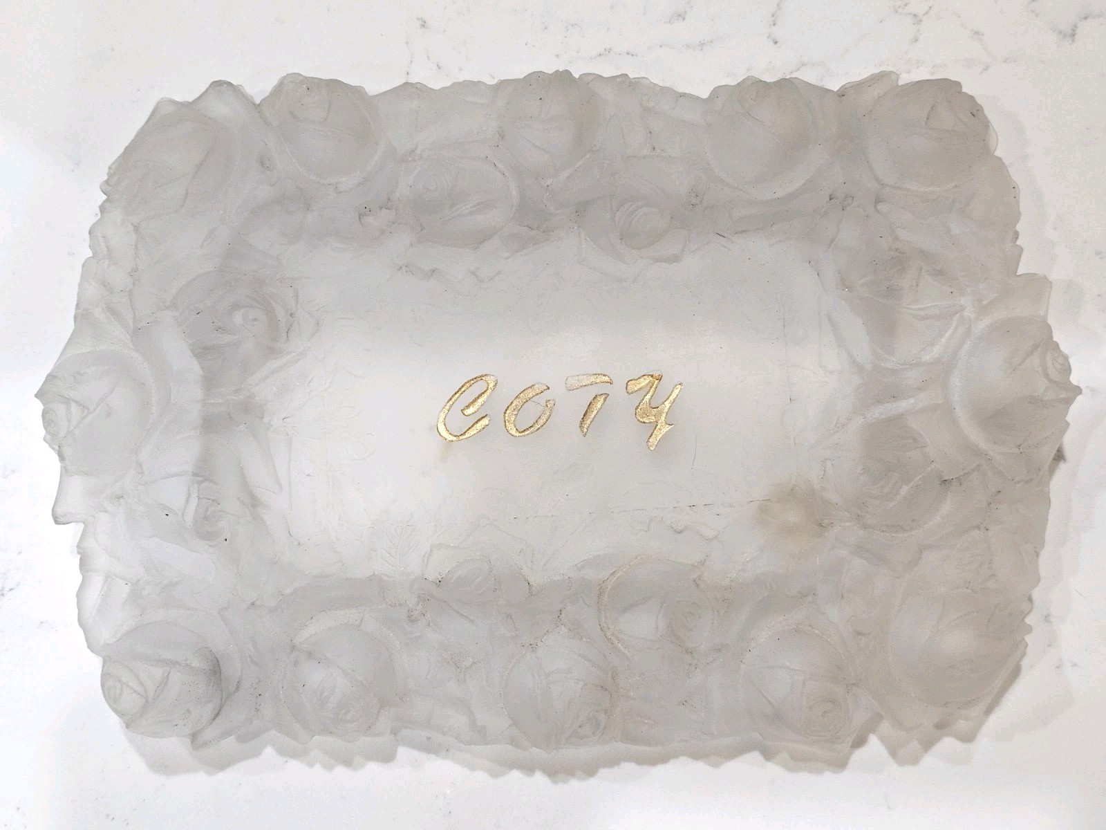Vintage Raised Rose Frosted Glass Coty Dresser Tray Perfume Tray Vintage Raised Rose Frosted Glass Coty Dresser Tray Perfume Tray