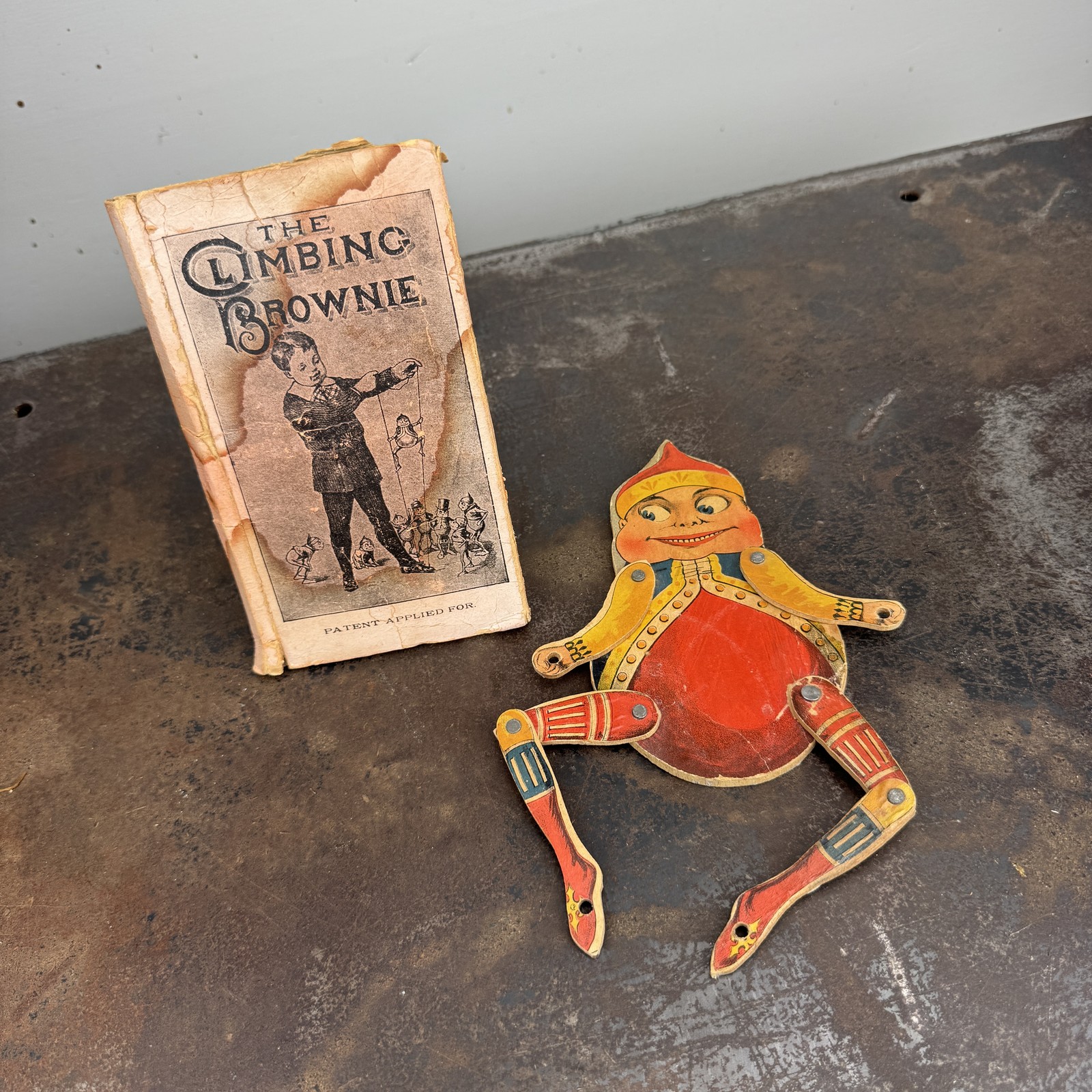 Antique c.1890s CLIMBING BROWNIE Wood String Toy PALMER COX w/ Box