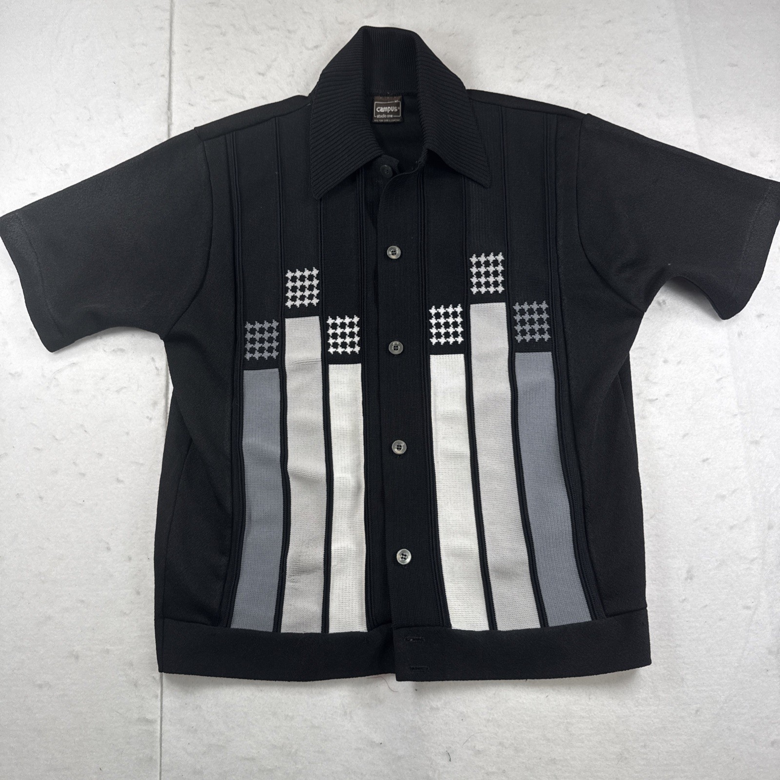 Vtg 70s Campus Studio One Knit Shirt M Black Grey Panel Rockabilly Mod Geometric