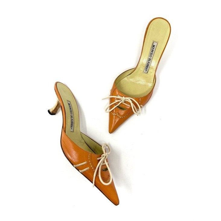 Vintage Manolo Blahnik Orange Pointed Toe Lace Up Bow Mules Kitten Heels 36 6