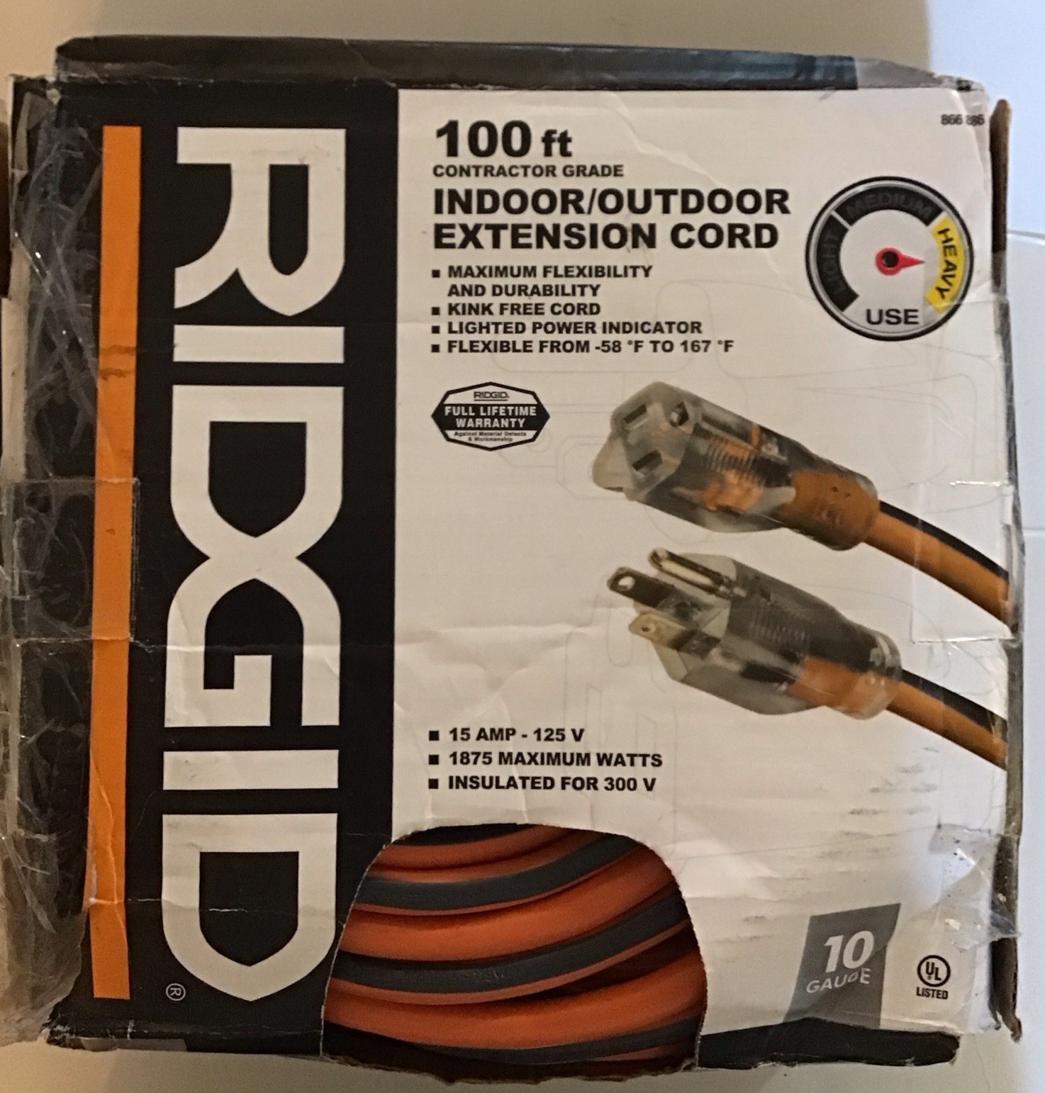 RIDGID 866886 100 ft. 10/3 Contractor Grade Indoor/outdoor Extension Cord New RIDGID 866886 100 ft. 10/3 Contractor Grade Indoor/outdoor Extension Cord New