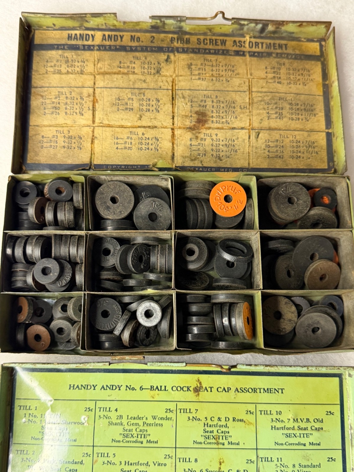 Vintage 1931 Handy Andy Sexauer No 2 & No 6 Plumbing Parts Tins Lot